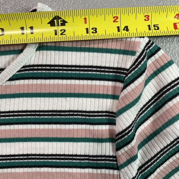 AMBIANCE Cropped Top Striped Ribbed Round Neck Lettuce Edge Short Sleeve L Boho - Picture 4 of 8